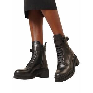 Salvatore Ferragamo Vara bow Lace Up Leather Combat Boots Black Size 9.5